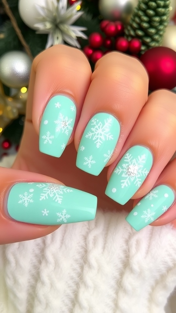 Mint Green Christmas Nail Art Design Mint green Christmas nails with white snowflakes and glitter accents on a festive background.